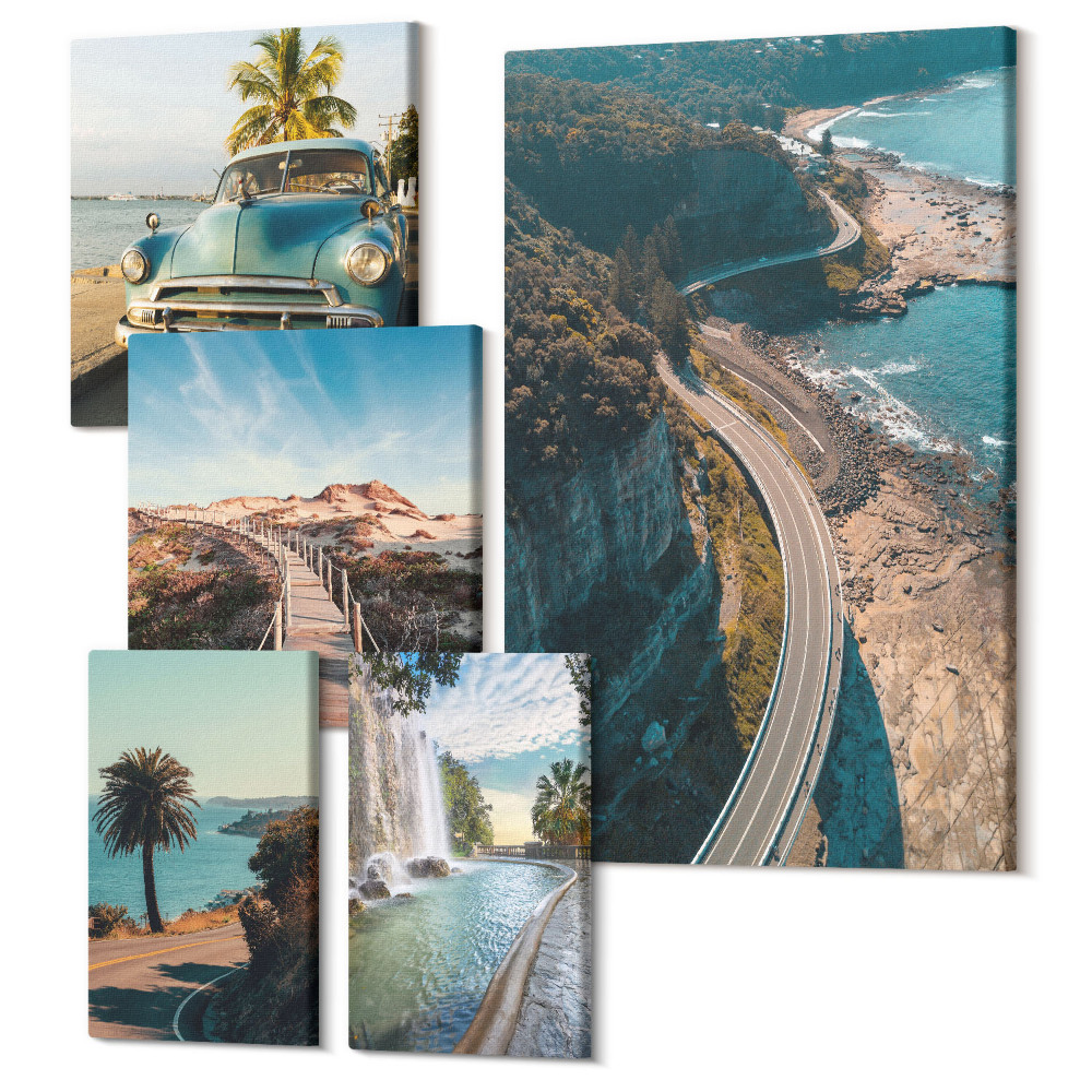 Zestaw obrazów pentaptyk na ścianę Krajobrazy podróżnicze z samochodami i naturą