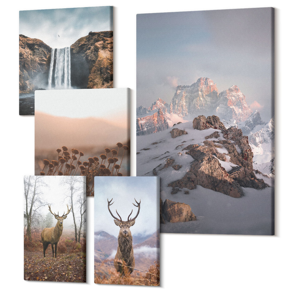 Zestaw obrazów 5 części pentaptyk Krajobrazy górskie z dziką przyrodą i zwierzętami