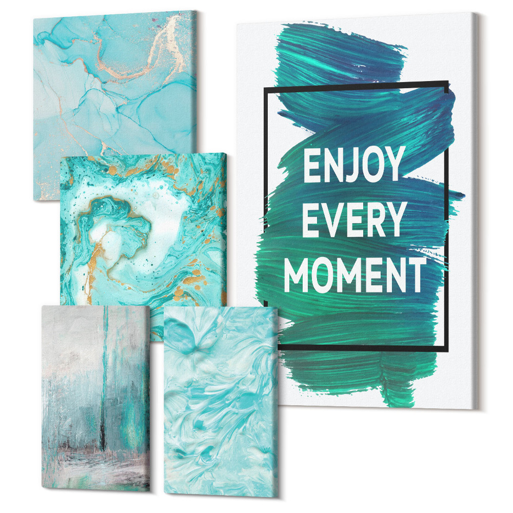 Zestaw obrazów na płótnie pentaptyk Abstrakcyjne kompozycje z inspirującymi napisami i wzorami