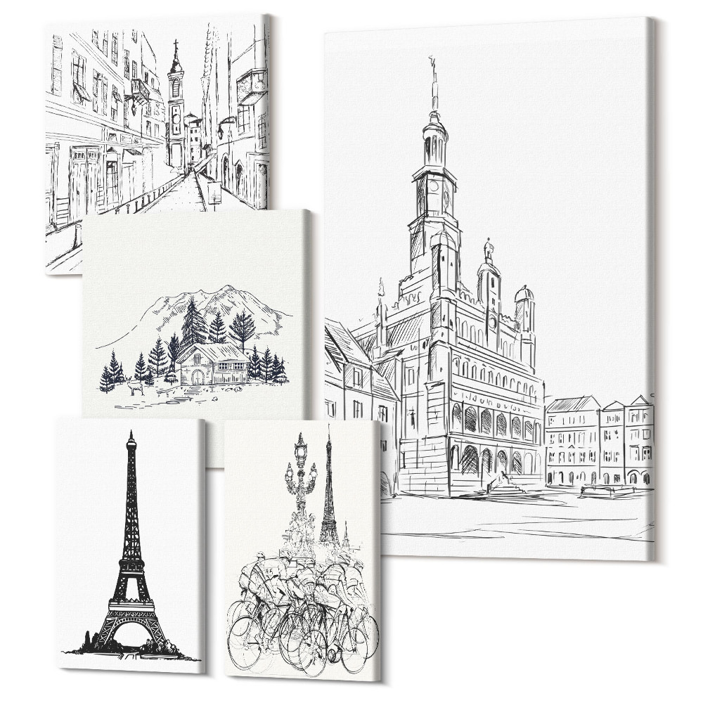 Zestaw obrazów 5 części pentaptyk Stylowe ilustracje architektury i miejskich krajobrazów