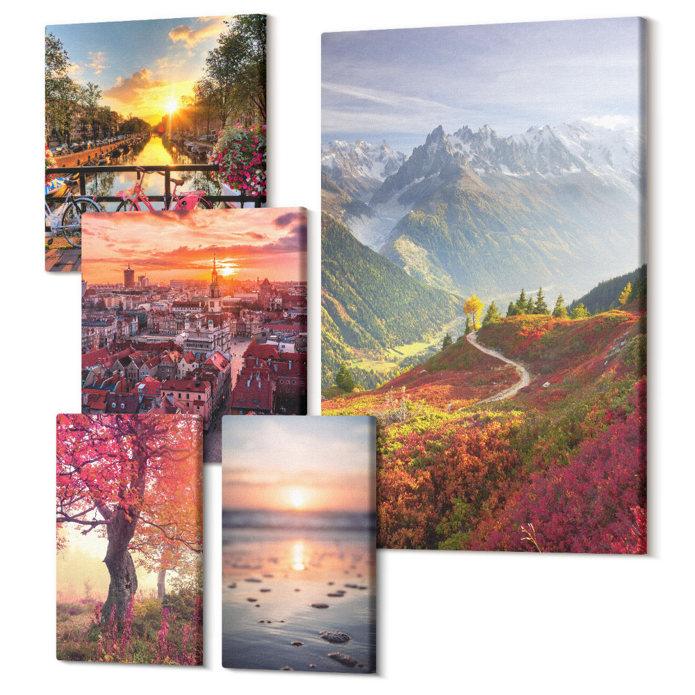 Zestaw obrazów na płótnie pentaptyk Krajobrazy górskie i miejskie widoki na przyrodę