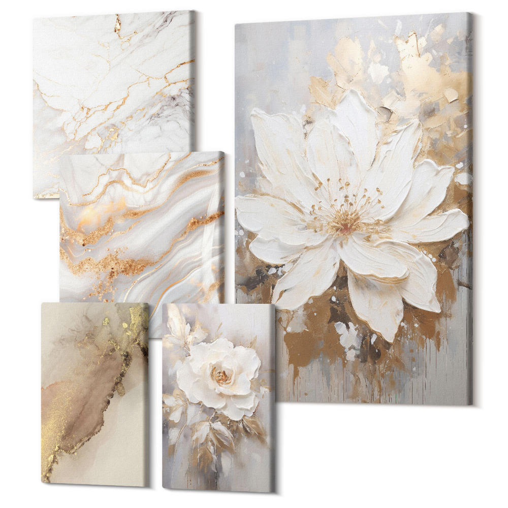 Zestaw obrazów pentaptyk na ścianę Kwiatowe kompozycje w eleganckim stylu nowoczesnym