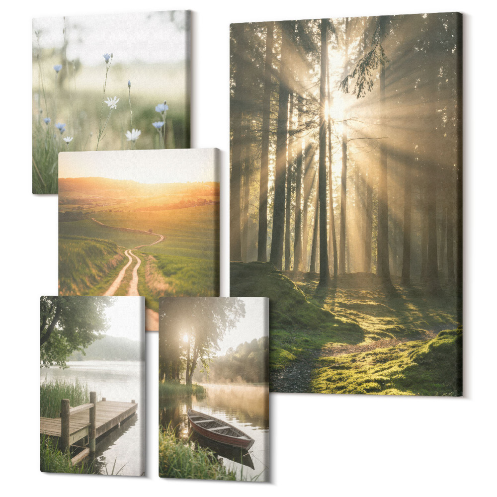 Zestaw obrazów 5 części pentaptyk Leśne pejzaże z promieniami słońca i spokojnymi wodami
