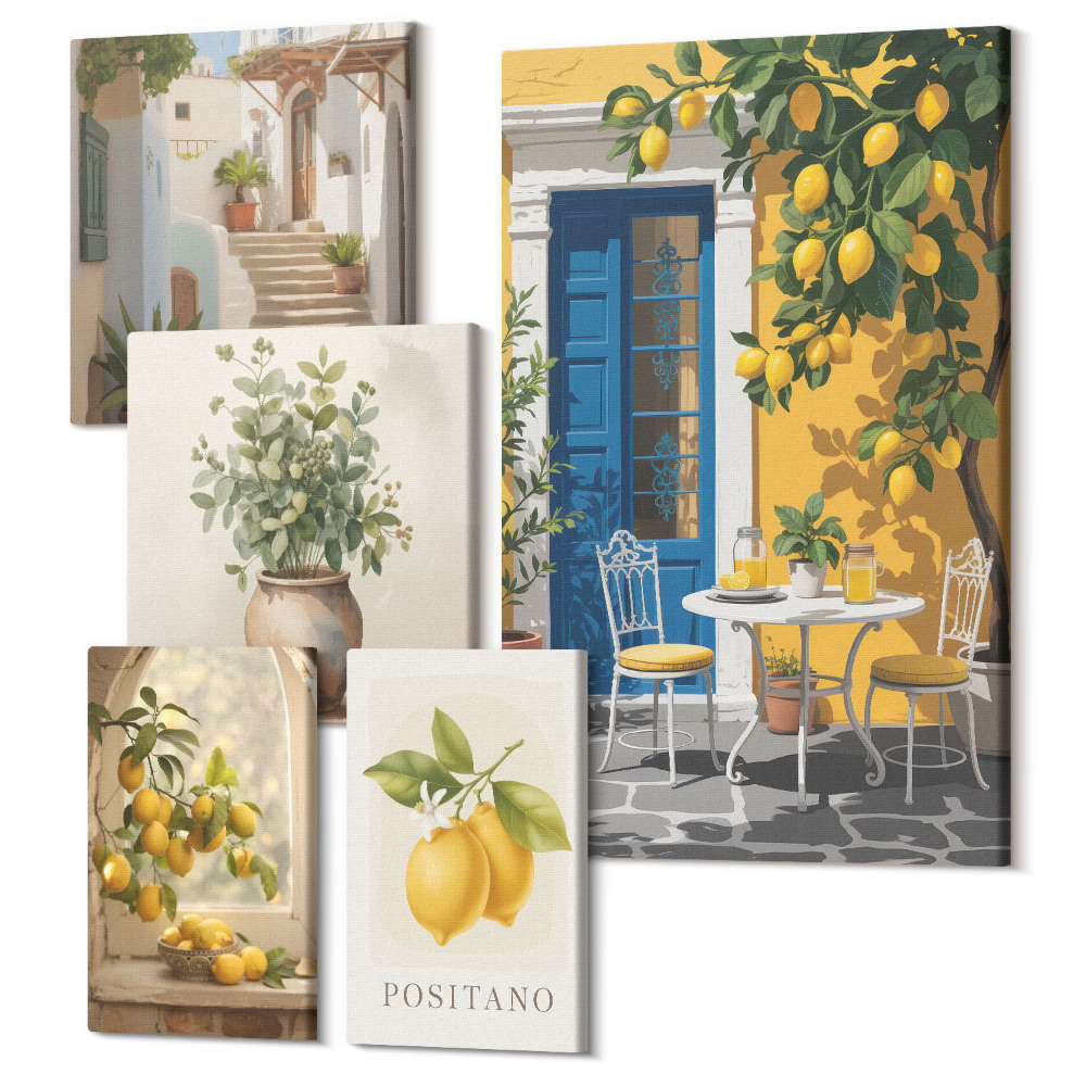 Zestaw obrazów 5 części pentaptyk Cytrusowe inspiracje w stylu śródziemnomorskim