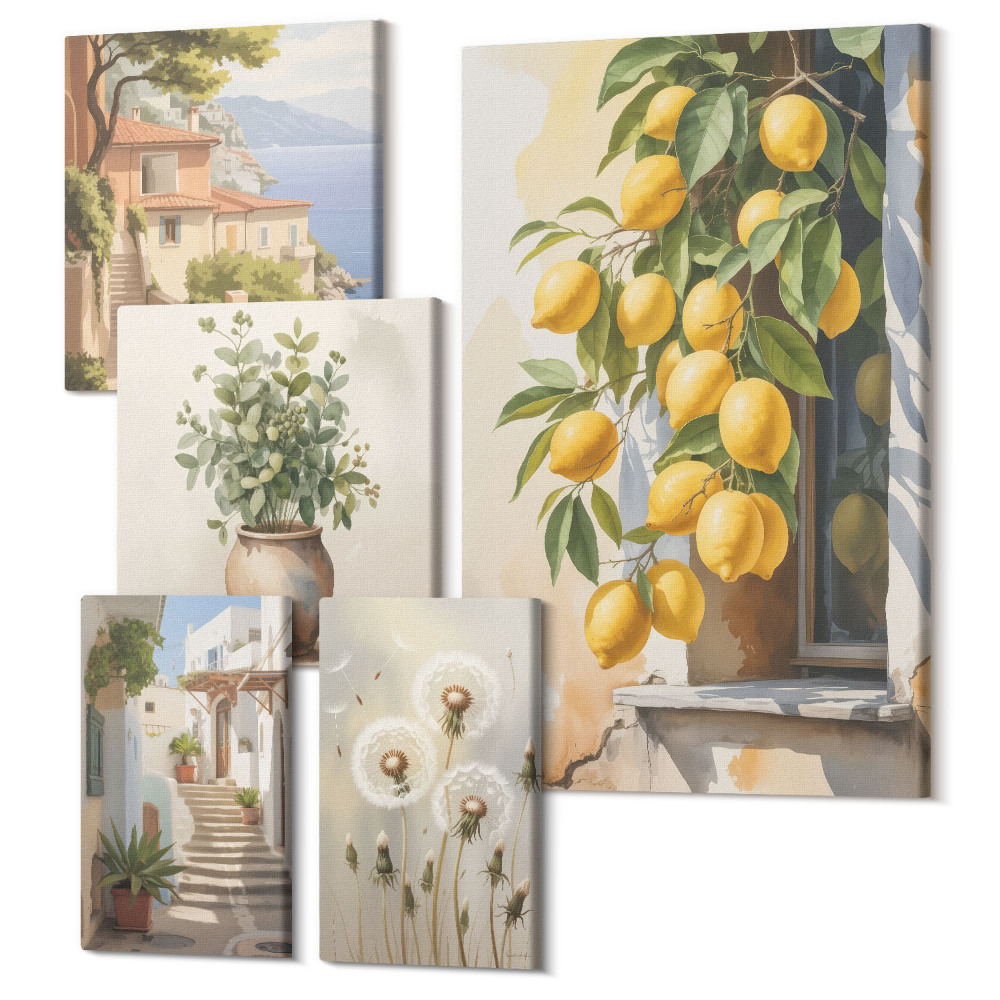 Zestaw obrazów 5 części pentaptyk Cytrusowe akcenty w stylu śródziemnomorskim i roślinne motywy