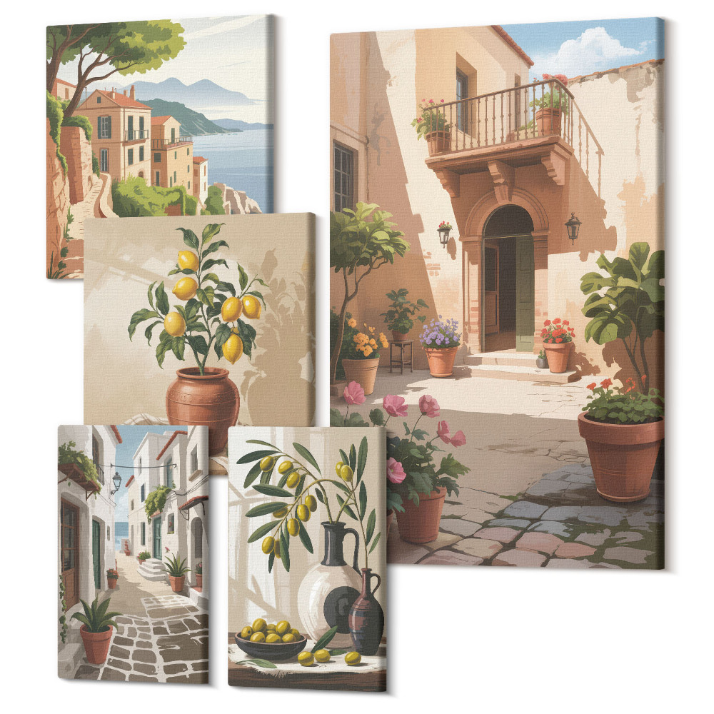 Zestaw obrazów na płótnie pentaptyk Kameralne uliczki i kwiatowe akcenty w stylu śródziemnomorskim