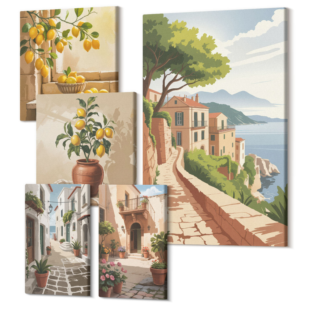 Zestaw obrazów 5 części pentaptyk Urokliwe widoki śródziemnomorskich uliczek i natury