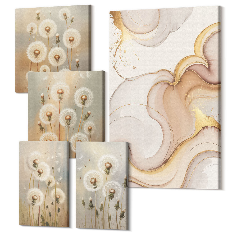 Zestaw obrazów 5 części pentaptyk Kwiatowe motywy w delikatnych odcieniach natury