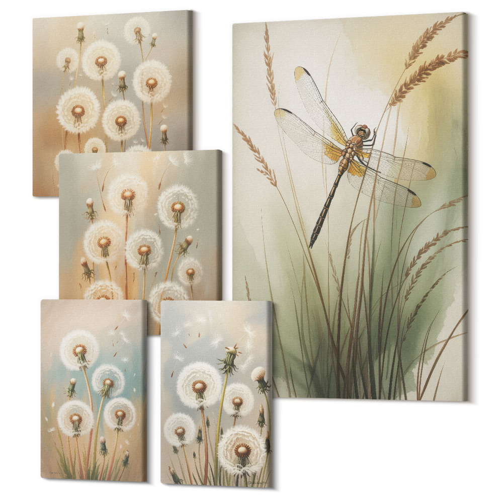 Zestaw obrazów na płótnie pentaptyk Roślinne motywy z ważkami i dmuchawcami w stylu naturalnym