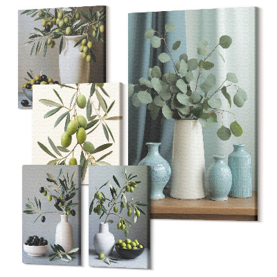 Zestaw obrazów 5 części pentaptyk Zielone oliwki w wazonach stylowe dekoracje kuchenne