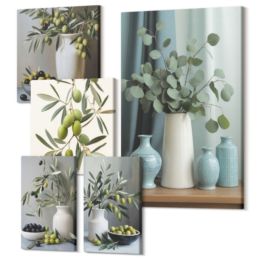 Zestaw obrazów na płótnie pentaptyk Zielone oliwki i kwiaty w stylu skandynawskim