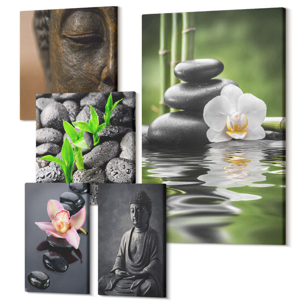 Zestaw obrazów na płótnie pentaptyk Relaksująca atmosfera zen z kamieniami i kwiatami