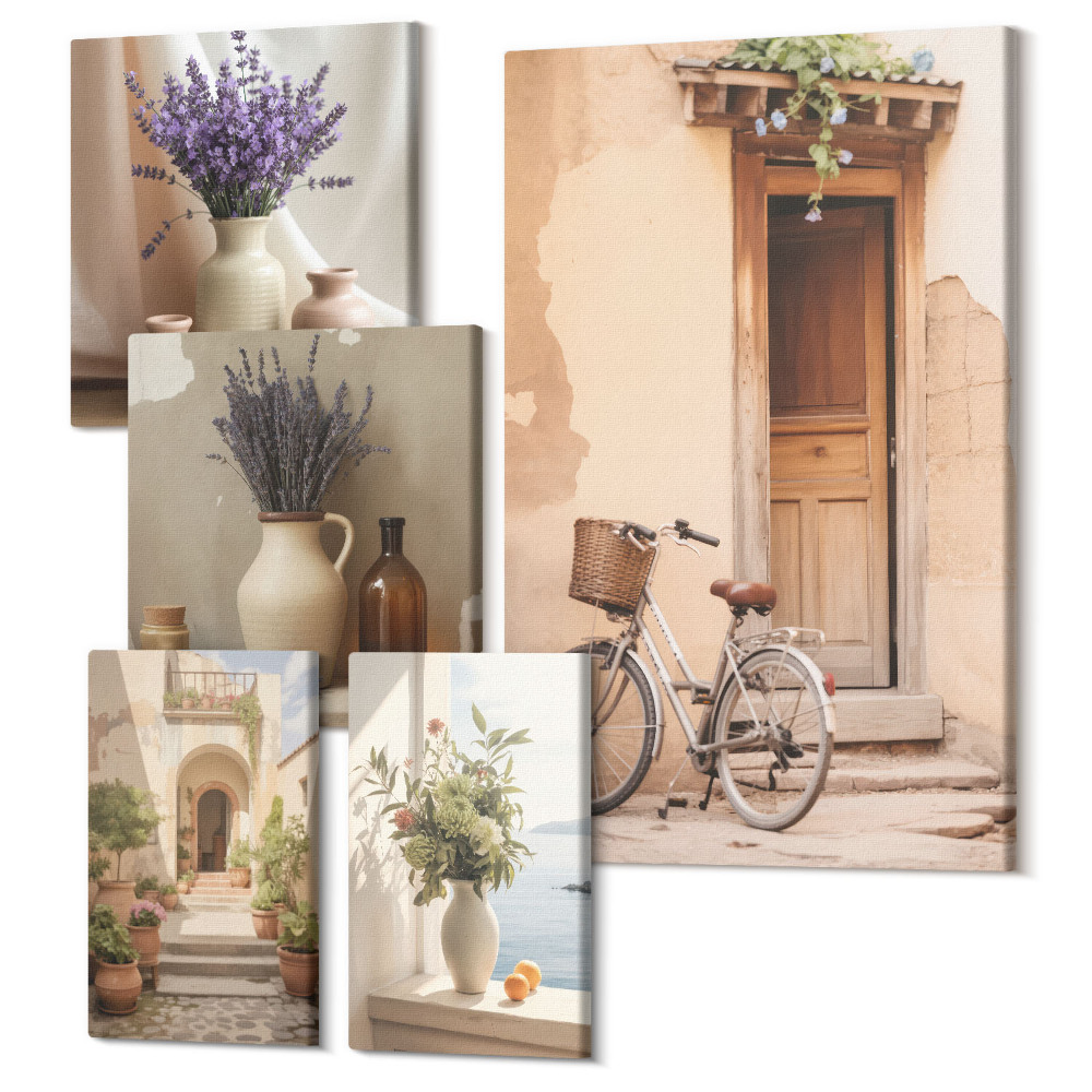 Zestaw obrazów pentaptyk na ścianę Stylowe wnętrza z motywami kwiatowymi i rowerem