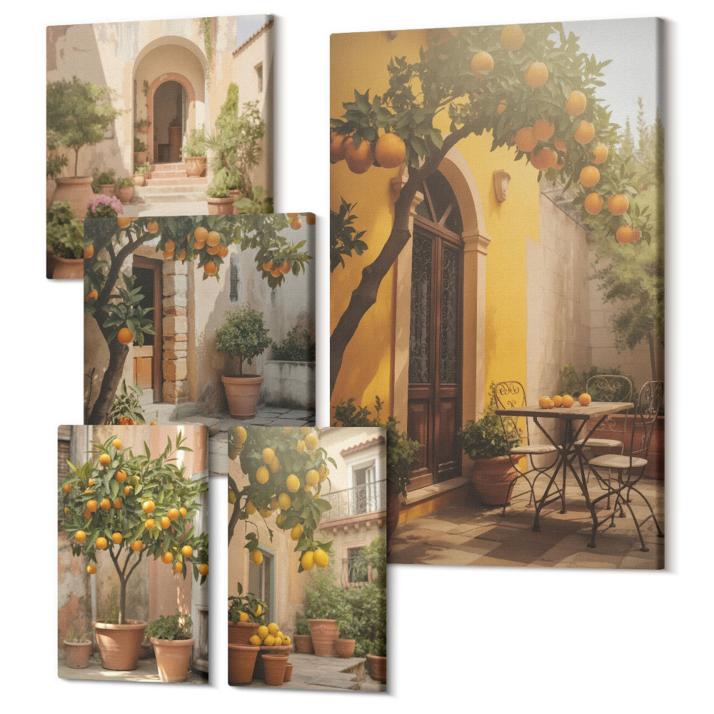 Zestaw obrazów 5 części pentaptyk Urokliwe uliczki wśród pomarańczowych drzew
