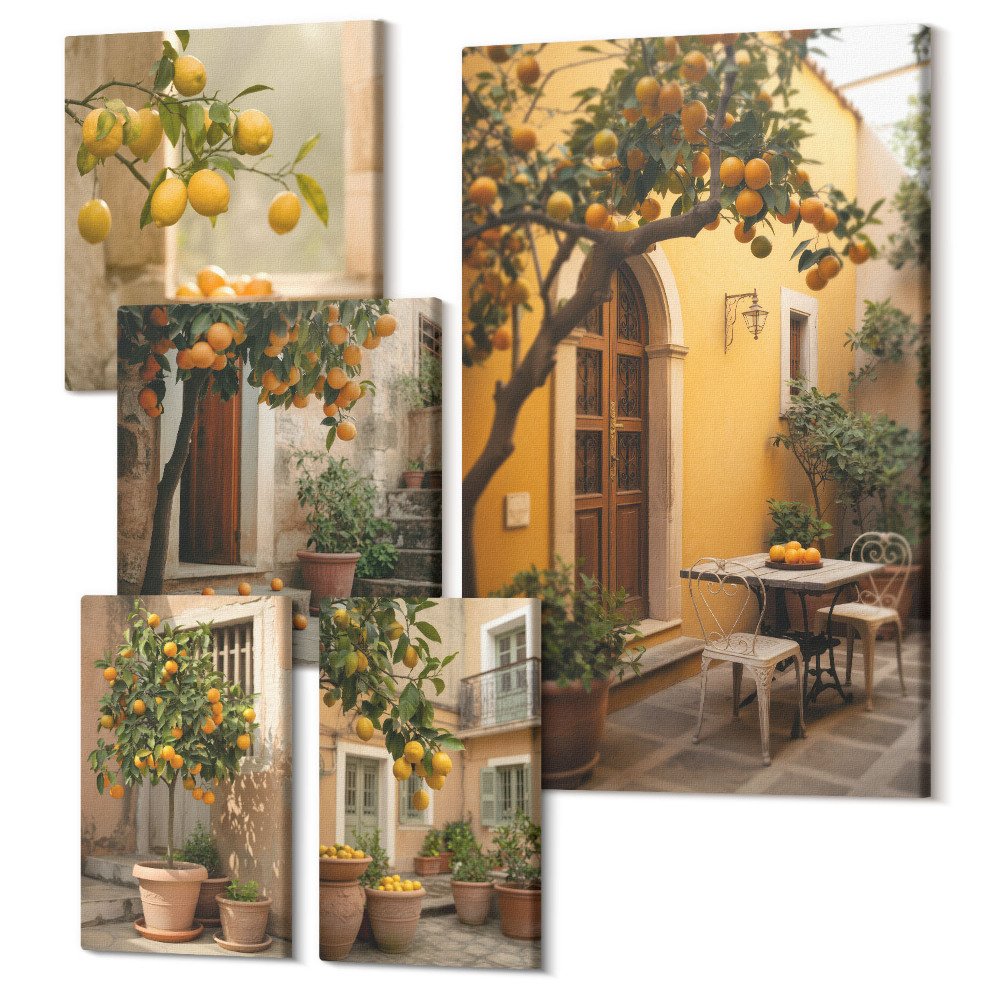 Zestaw obrazów na płótnie pentaptyk Owoce cytrusowe w urokliwych zakątkach ogrodu