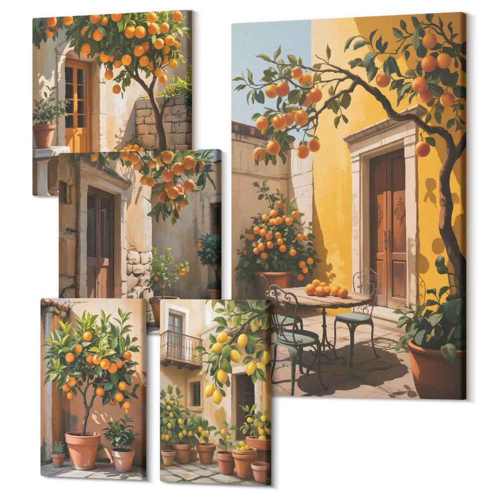 Zestaw obrazów na płótnie pentaptyk Owoce cytrusowe w słonecznych ogrodach i tarasach
