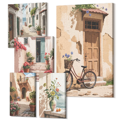 Zestaw obrazów 5 części pentaptyk Urokliwe uliczki z rowerem i kwiatami w donicach