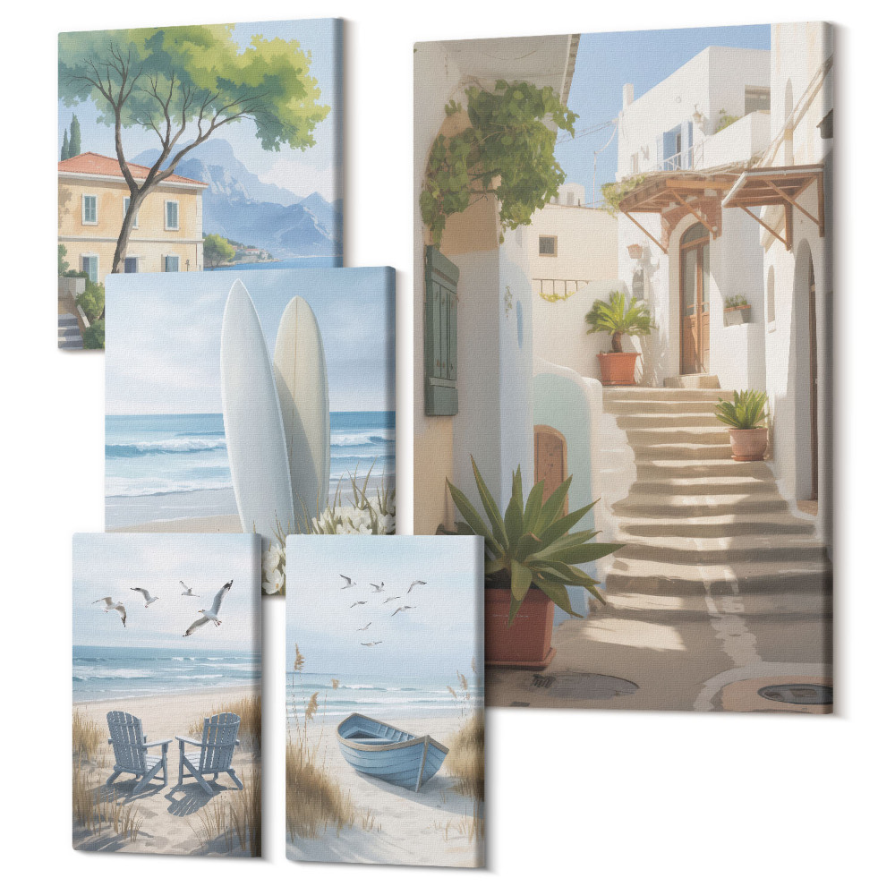 Zestaw obrazów na płótnie pentaptyk Stylowe widoki nadmorskie z plażami i krajobrazami