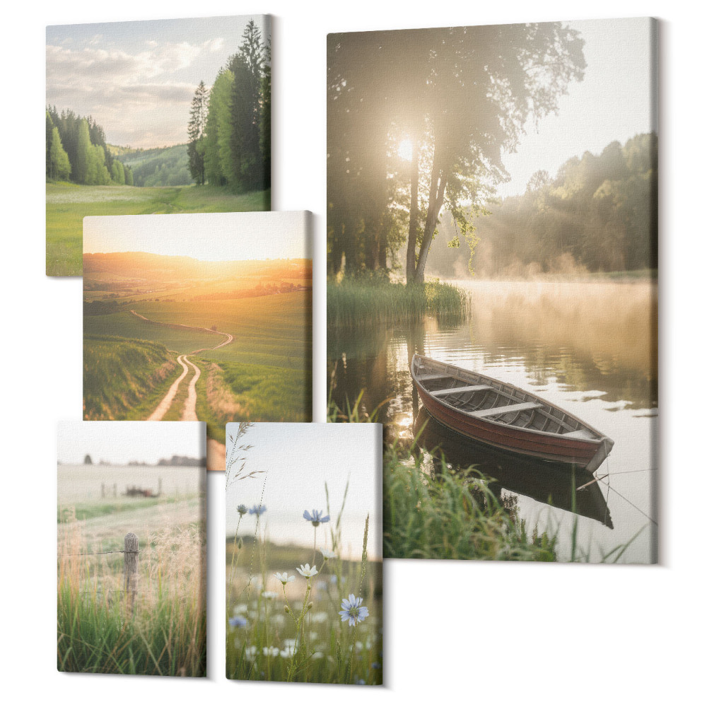 Zestaw obrazów pentaptyk na ścianę Spokojne krajobrazy natury z wodą i zielenią