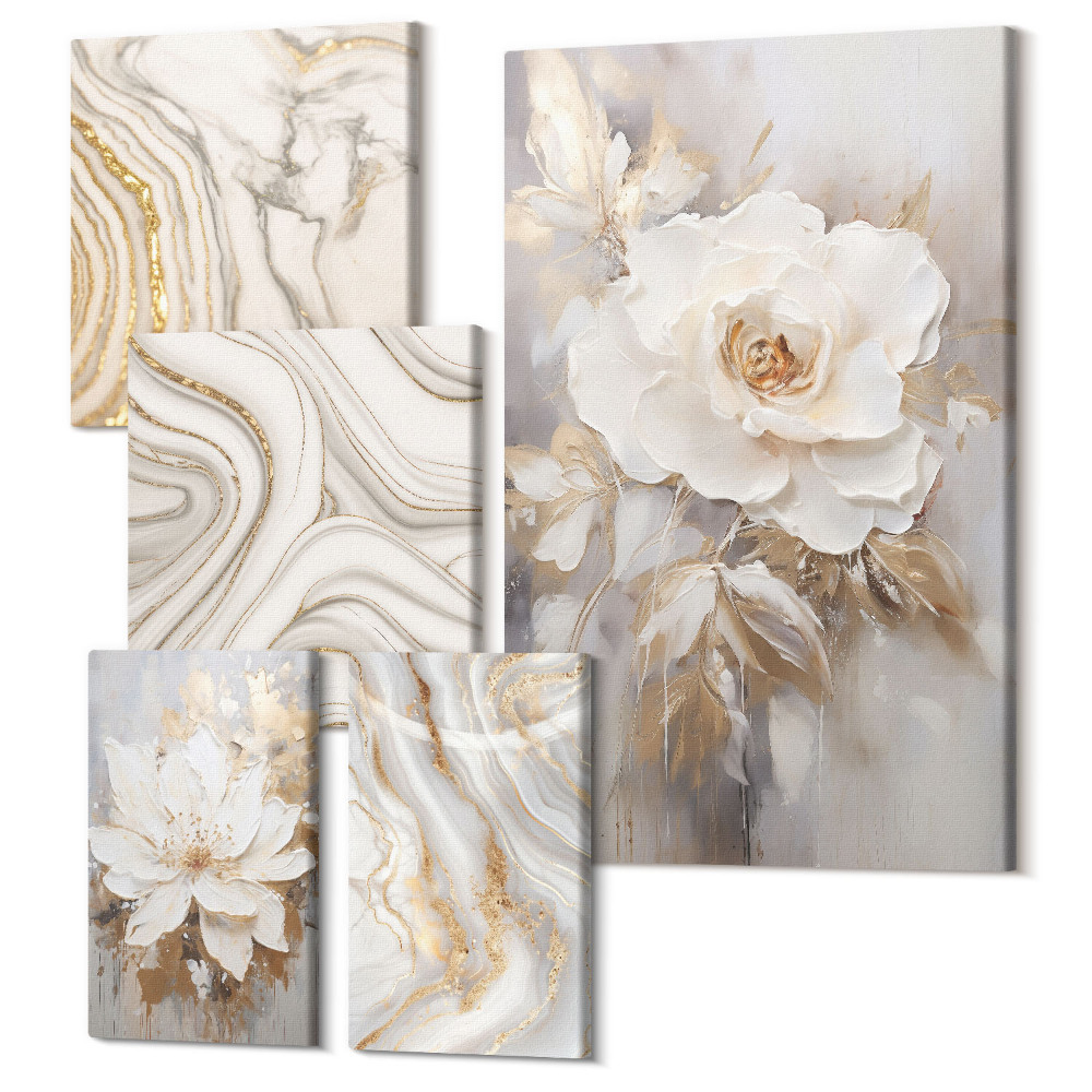 Zestaw obrazów na płótnie pentaptyk Kwiatowe motywy i abstrakcyjne wzory w eleganckim stylu