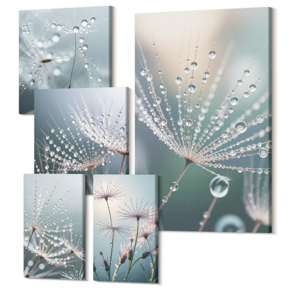 Zestaw obrazów na płótnie pentaptyk Krople rosy na delikatnych roślinach w stylu minimalistycznym