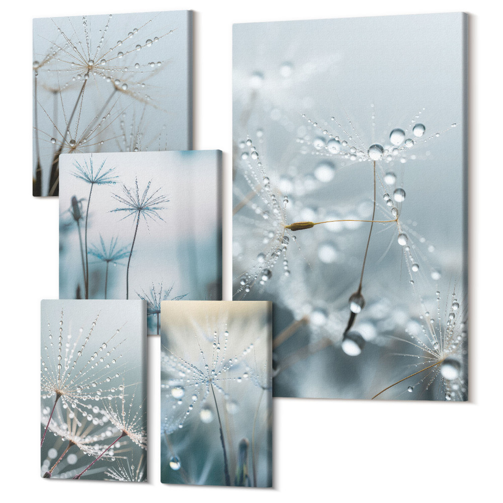 Zestaw obrazów pentaptyk na ścianę Delikatne motywy roślinne z kroplami wody na tle natury