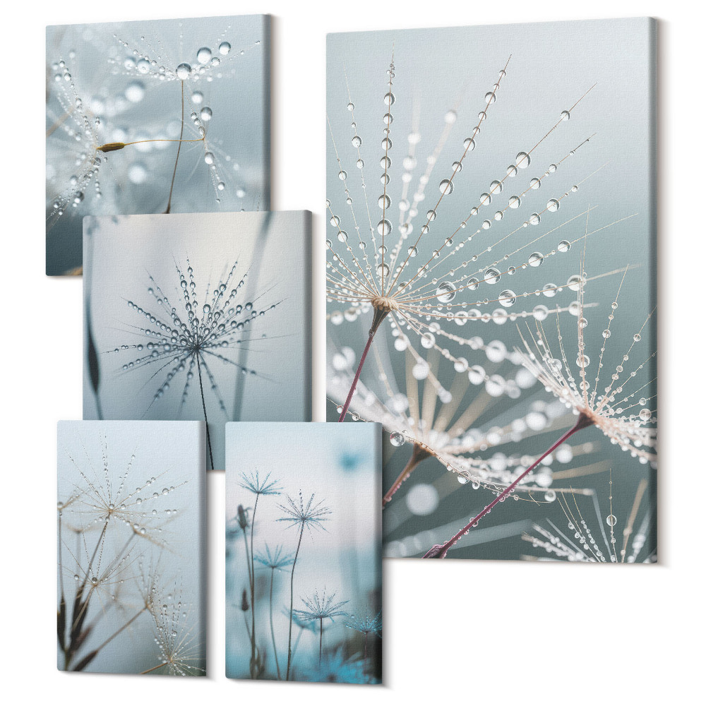 Zestaw obrazów 5 części pentaptyk Krople wody na roślinach w minimalistycznym stylu