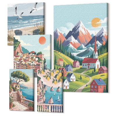 Zestaw obrazów 5 części pentaptyk Krajobrazy górskie i nadmorskie w stylu retro