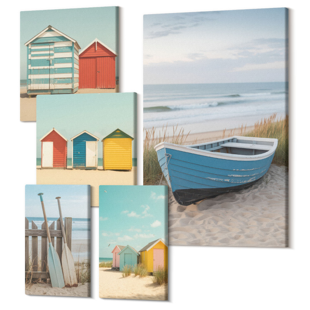 Zestaw obrazów na płótnie pentaptyk Nadmorskie widoki kolorowe domki i łódki na plaży