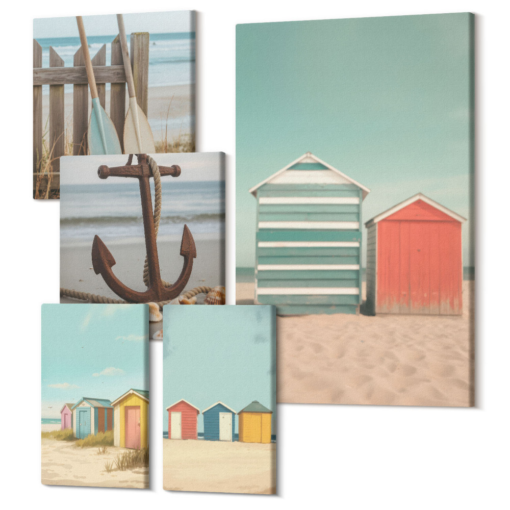 Zestaw obrazów pentaptyk na ścianę Stylowe domki plażowe z elementami morskimi i akcesoriami