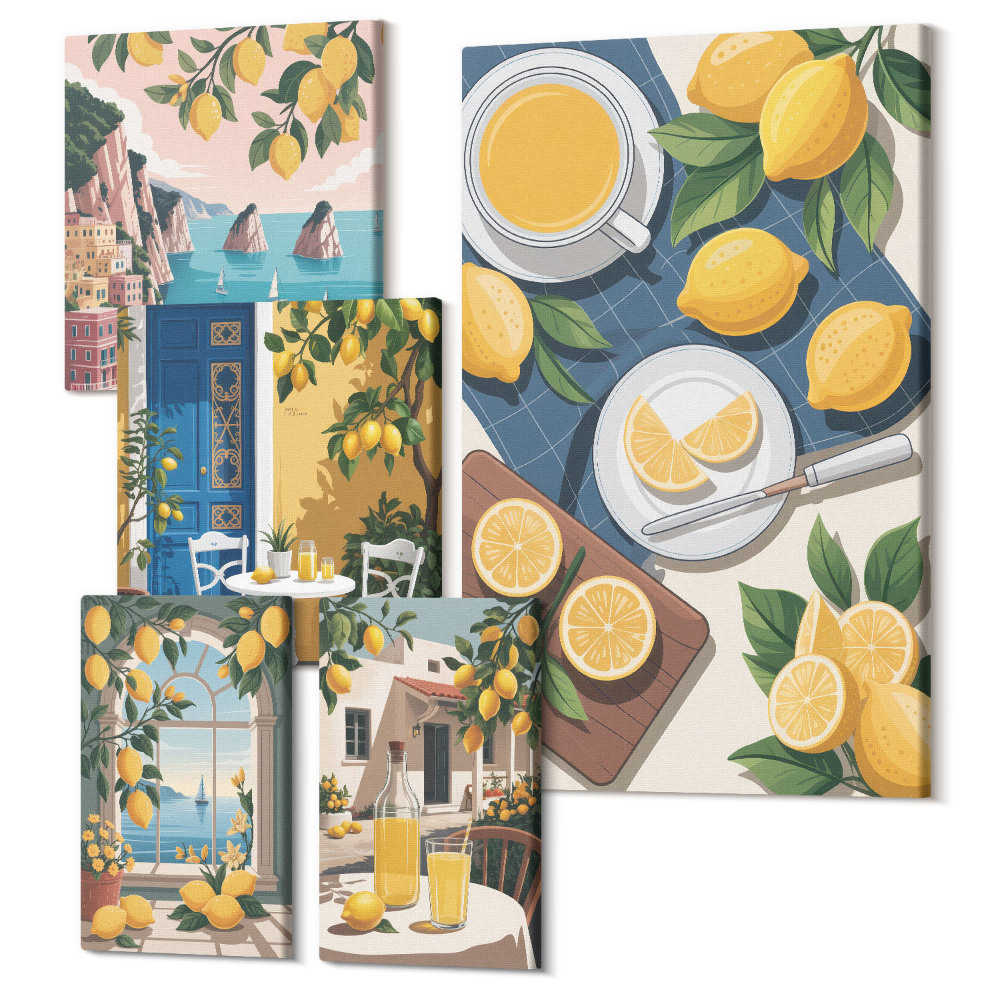 Zestaw obrazów 5 części pentaptyk Motyw cytryn świeżość i letnia atmosfera w stylu boho