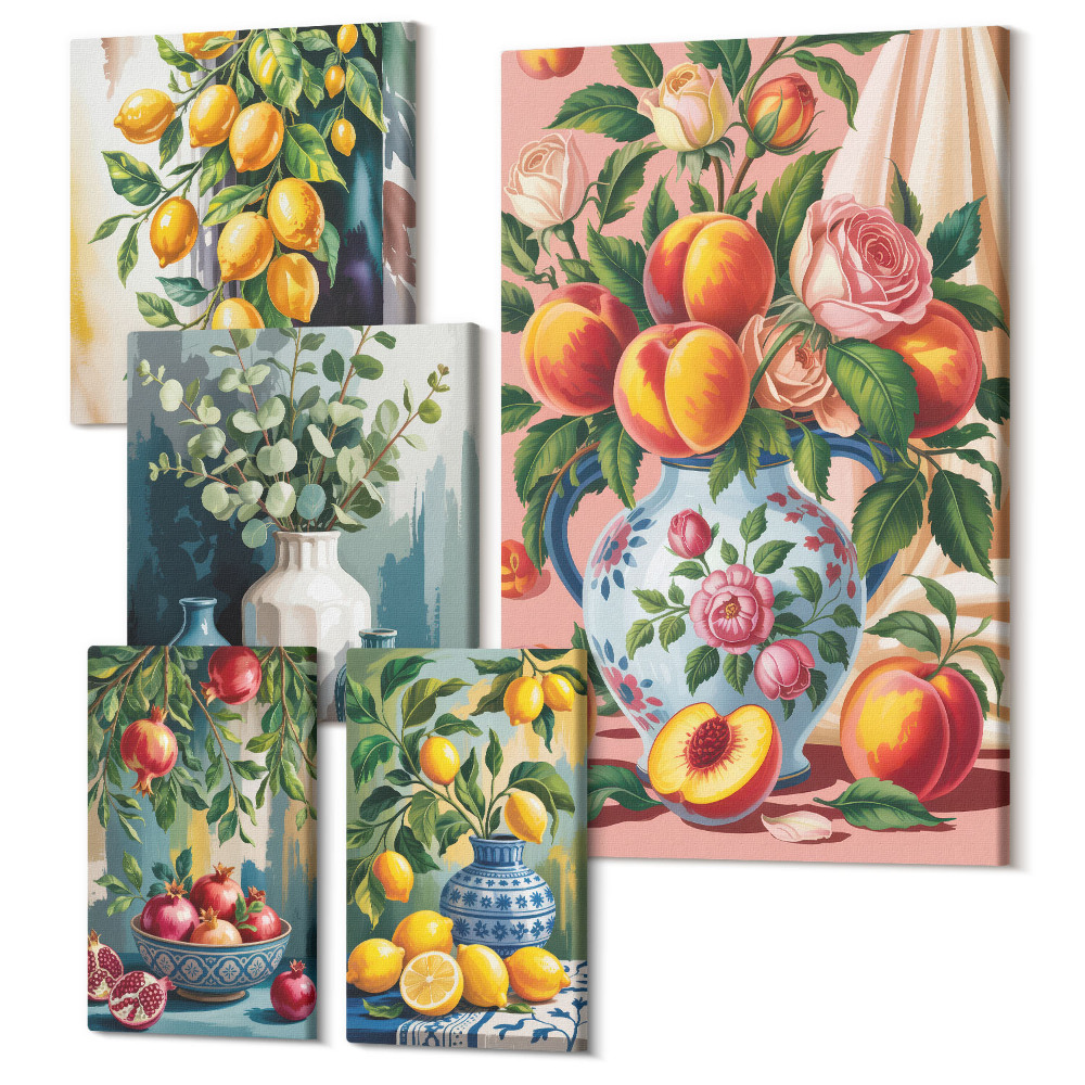 Zestaw obrazów 5 części pentaptyk Owocowe kompozycje z kwiatami i naczyniami ceramicznymi