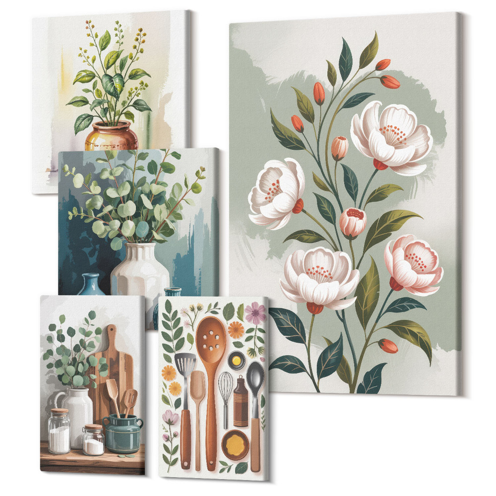 Zestaw obrazów 5 części pentaptyk Stylowe dekoracje z roślinnymi motywami i akcesoriami kuchennymi