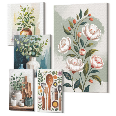 Zestaw obrazów 5 części pentaptyk Stylowe dekoracje z roślinnymi motywami i akcesoriami kuchennymi