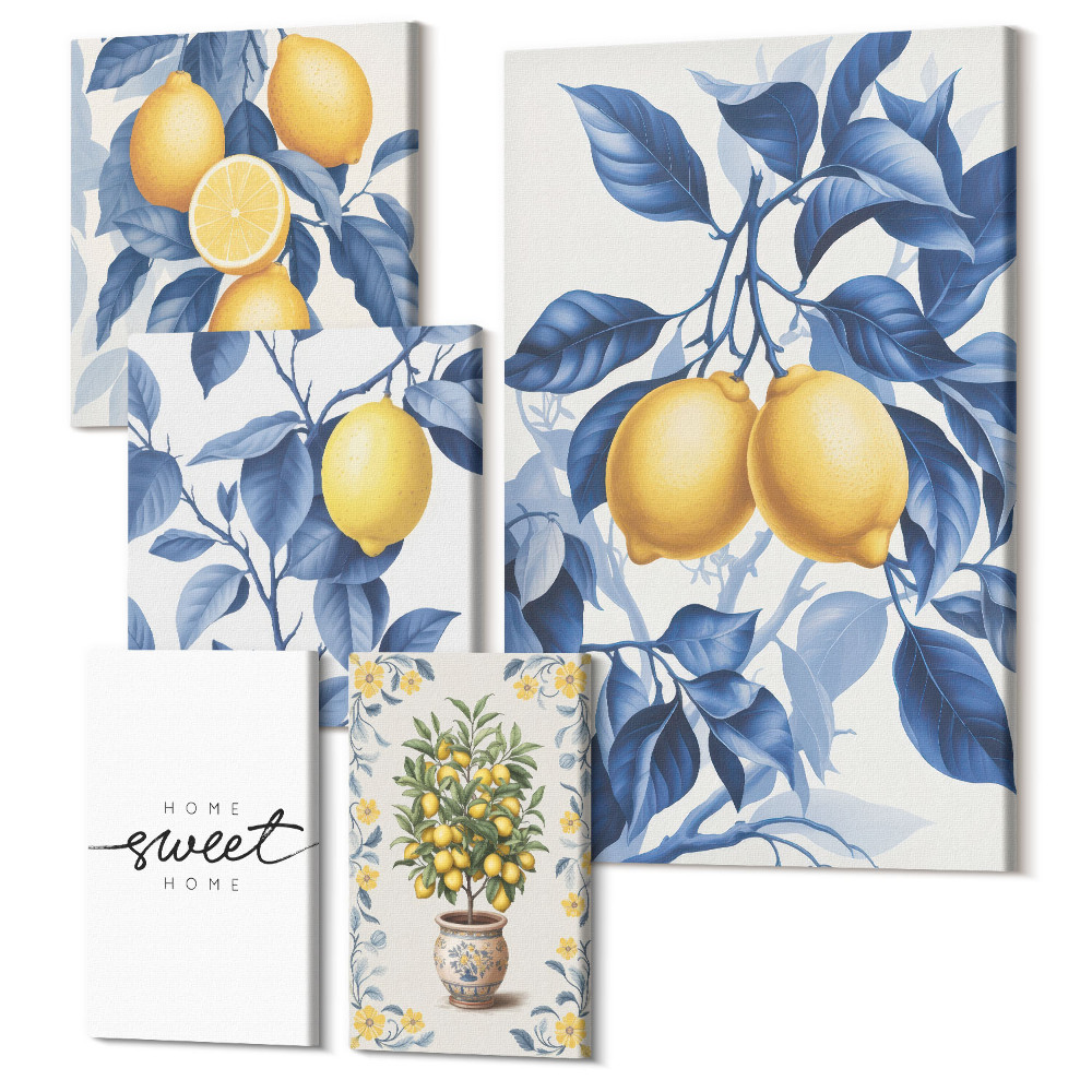 Zestaw obrazów na płótnie pentaptyk Cytrynowe akcenty w stylu rustykalnym do wnętrz