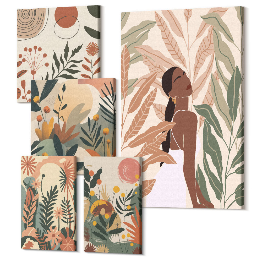 Zestaw obrazów 5 części pentaptyk Styl boho z postacią i motywami roślinnymi
