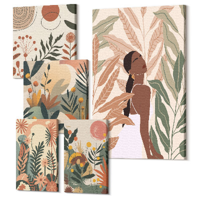 Zestaw obrazów 5 części pentaptyk Styl boho z postacią i motywami roślinnymi