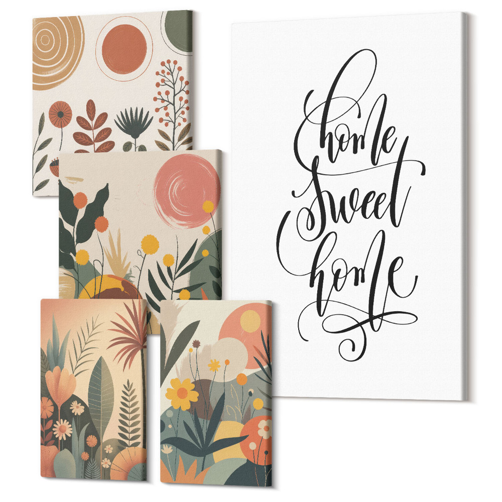Zestaw obrazów na płótnie pentaptyk Stylowe dekoracje z motywami roślinnymi i napisem