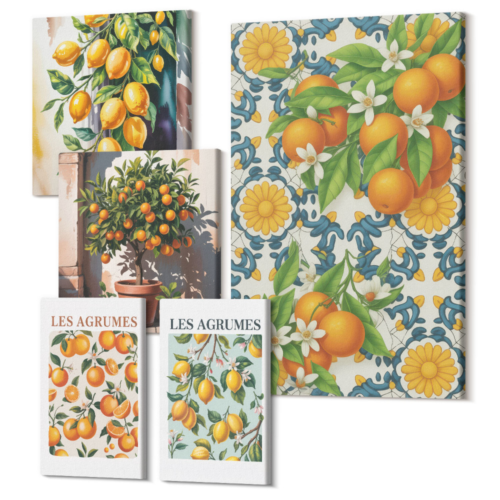 Zestaw obrazów pentaptyk na ścianę Cytrusowe inspiracje z owocami i kwiatami w stylu vintage