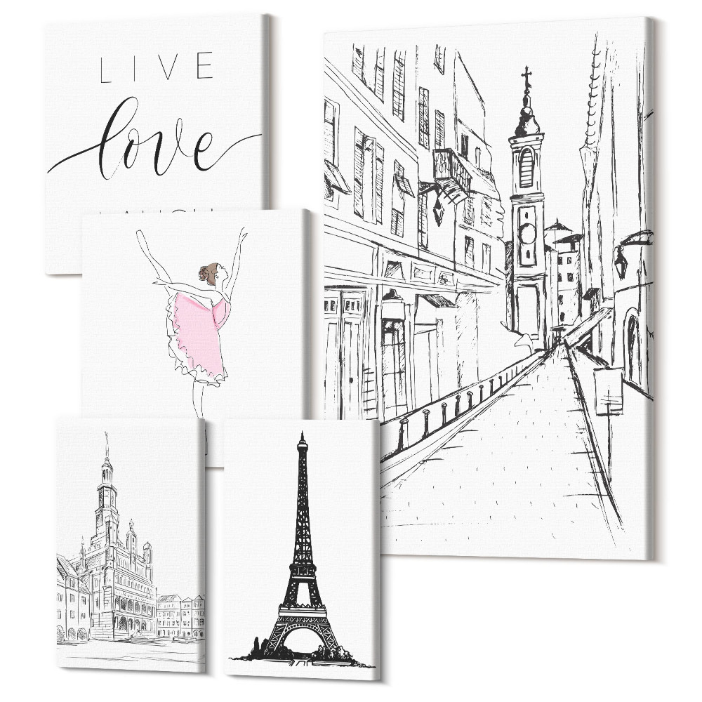 Zestaw obrazów 5 części pentaptyk Stylowe inspiracje z paryskimi akcentami i cytatami