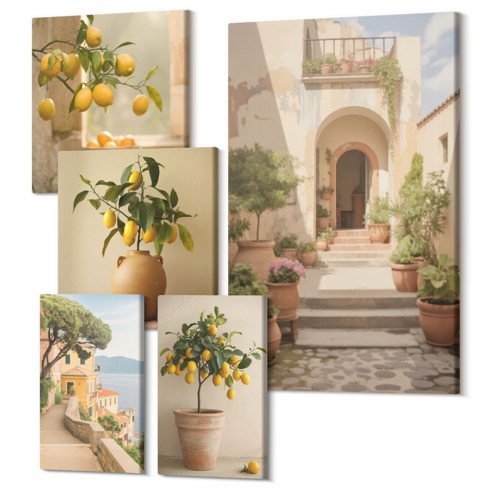 Zestaw obrazów pentaptyk na ścianę Stylowe dekoracje z cytrusami w rustykalnym otoczeniu