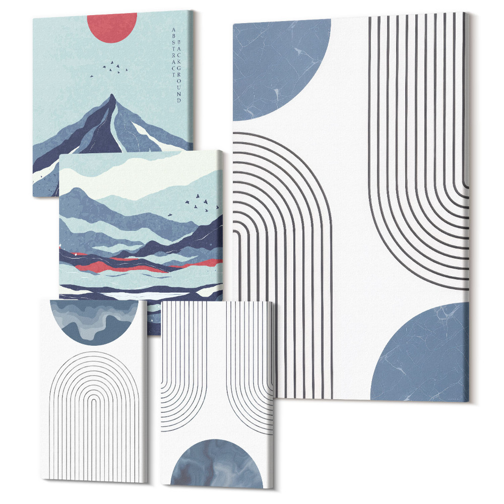 Zestaw obrazów 5 części pentaptyk Abstrakcyjne pejzaże z geometrycznymi kształtami i kolorami