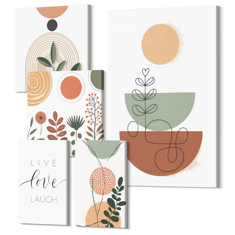 Zestaw obrazów na płótnie pentaptyk Stylowe grafiki z roślinnymi motywami i geometrycznymi kształtami
