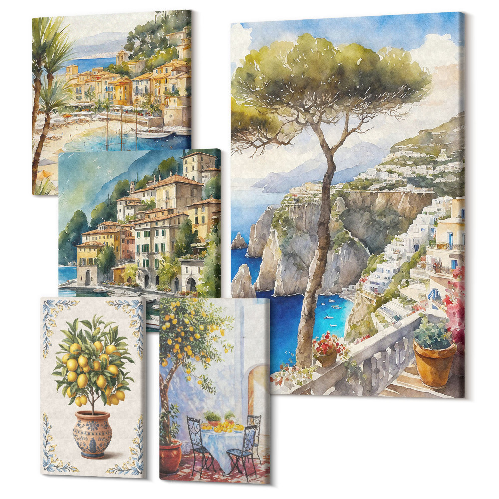 Zestaw obrazów 5 części pentaptyk Stylowe widoki nadmorskich miasteczek i krajobrazów włoskich