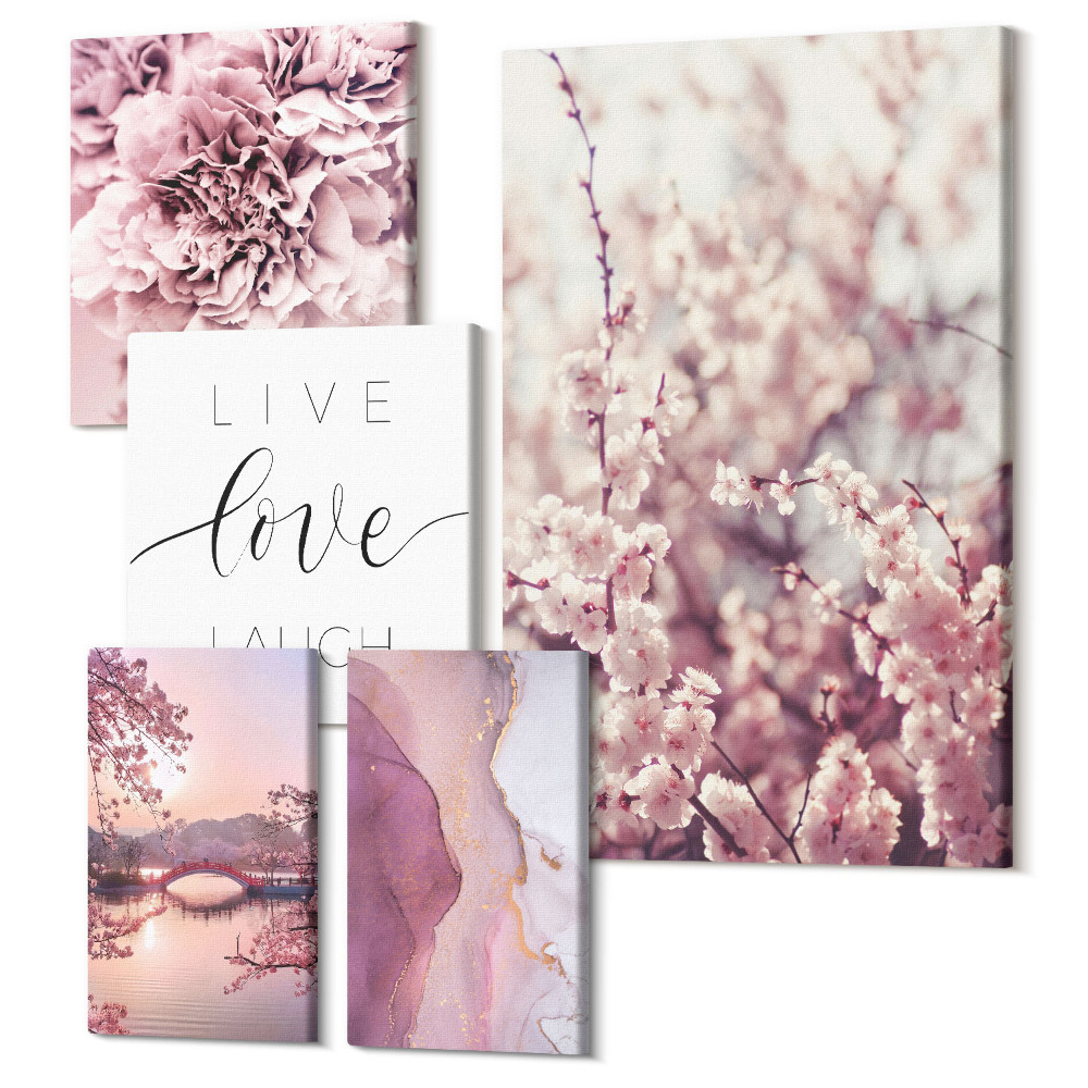Zestaw obrazów na płótnie pentaptyk Kwiatowe motywy z inspirującymi hasłami w pastelowych tonach