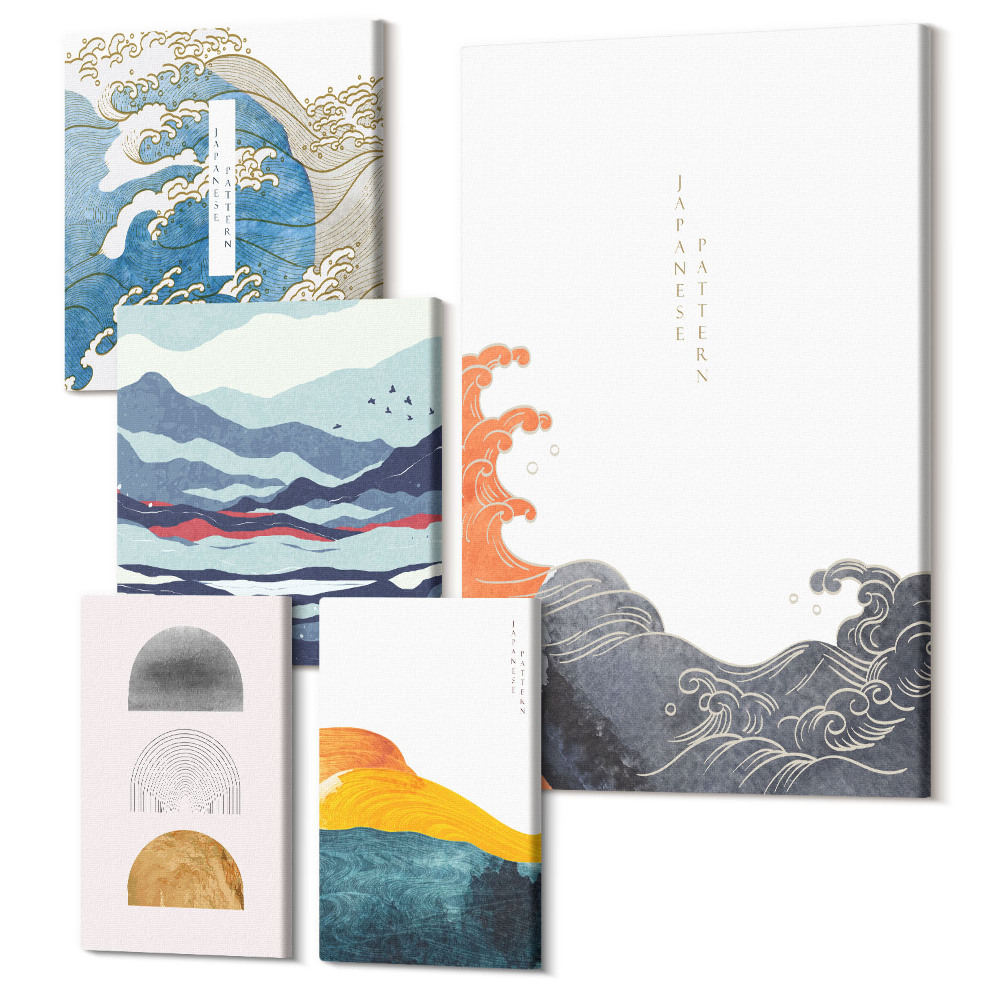 Zestaw obrazów 5 części pentaptyk Styl japoński fale góry abstrakcyjne wzory dekoracyjne