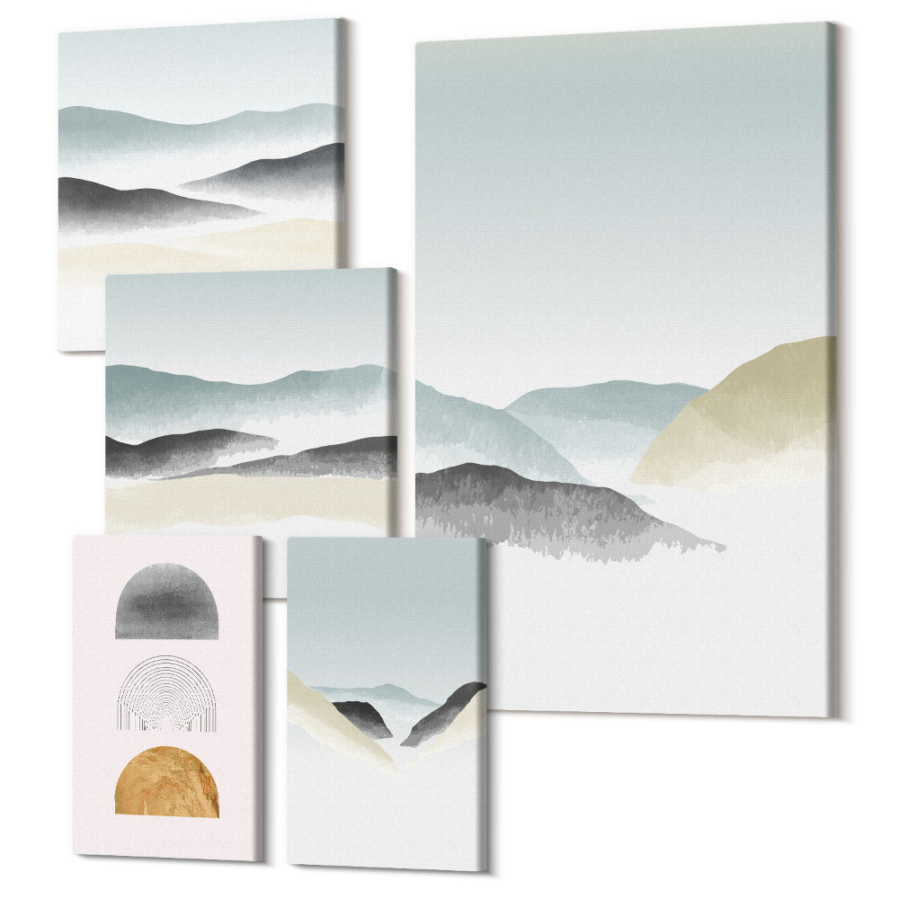 Zestaw obrazów na płótnie pentaptyk Abstrakcyjne pejzaże w delikatnych odcieniach natury