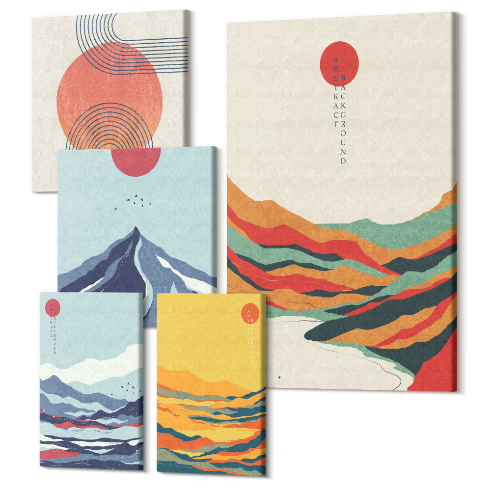 Zestaw obrazów 5 części pentaptyk Abstrakcyjne krajobrazy górskie z geometrycznymi kształtami