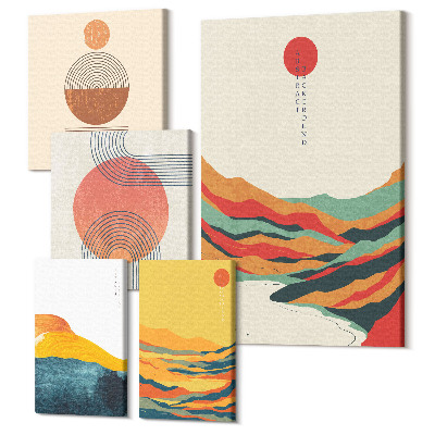 Zestaw obrazów pentaptyk na ścianę Abstrakcyjne pejzaże z geometrycznymi kształtami i kolorami