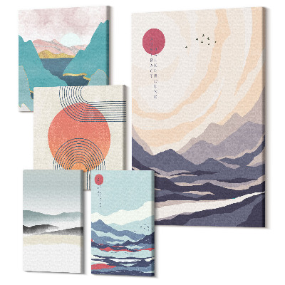 Zestaw obrazów 5 części pentaptyk Abstrakcyjne krajobrazy górskie i geometryczne formy